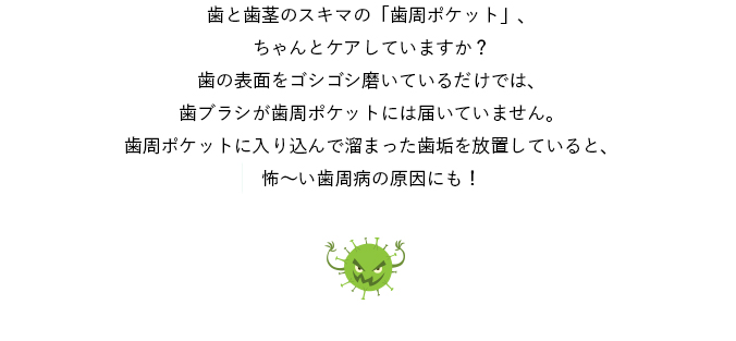 歯と歯茎のスキマの「歯周ポケット」、ちゃんとケアしていますか？
歯の表面をゴシゴシ磨いているだけでは、歯ブラシが歯周ポケットには届いていません。歯周ポケットに入り込んで溜まった歯垢を放置していると、怖～い歯周病の原因にも！